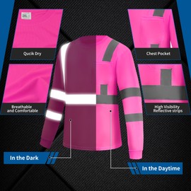 WPLM Hi Vis Long Sleeve Safety Shirts Reflective Daily Lightweight Work for Men Fast Dry Moisture Wicking L Pink 1pcs New
