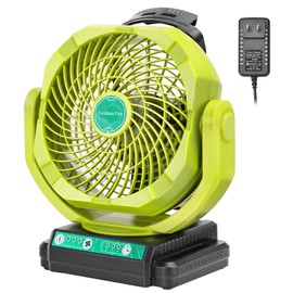 Battery Powered Fan Compatible with Ryobi 18V Battery Portable Cordless Fan with AC Adapter, Variable Speed, Timer Settings, 135 Adjustable Angle for Camping, Jobsite