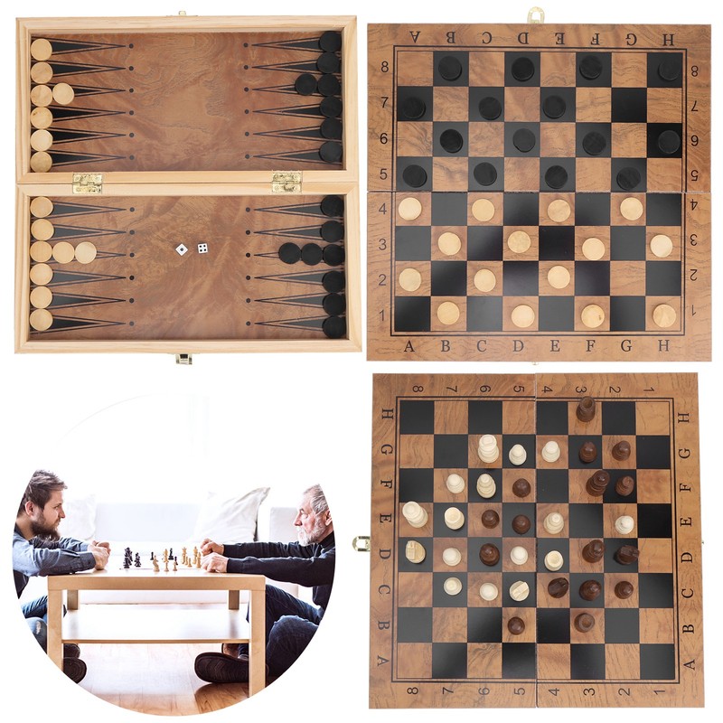 3 in 1 MultiFunctional Folding Wooden Chess Checkers Board Game