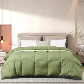 All Season Aesthetic Pretty Sage Green Color Feather Down Comforter King Size | Casual Premium Solid Color Box Stitch Pattern Microfiber Material | Lightweight Ultra Soft Cozy Plush Farmhouse Bedding