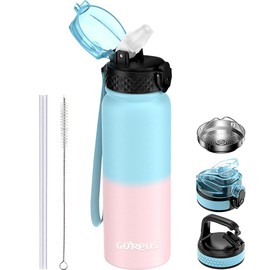 GOPPUS 600ml/20oz Stainless Water Bottle with Straw Double Wall Insulated Bottles with Strap One Hand Open Vacuum Thermal Flask Leakproof Keep Cold Drinks Bottles BPA Free for Adults (Blue Pink)