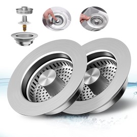 Yonisun 2PCS Upgraded 3 in 1 Kitchen Sink Drain Strainer,Anti-Clogging Sink Food Catcher Basket, Stainless Steel Pop-Up Kitchen Sink Stopper for US Standard 3-1/2 inch Kitchen Sink (Silver-2Pack)