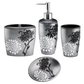 Zahari Home 4pc Erica Bathroom Accessories Sets Modern Classic Soap Dispenser, Tumbler, Tooth Brush Holder and Soap Dish Holder Unique Design Grey Bathroom Set