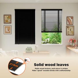 2" Slats Wood Blinds for Indoor Windows: Solid Wooden Blackout Blinds & Shades,Black Out Privacy Horizontal Blinds for Home Bedroom Bathroom Living Room Windows and Doors 23" WX48 H Black
