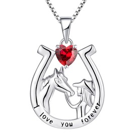 YL Horseshoe Necklace 925 Sterling Silver Engraved "I Love You Forever" Horse Pendant Jewellery for Women Girlfriend, Silver Silver July Ruby, Ruby
