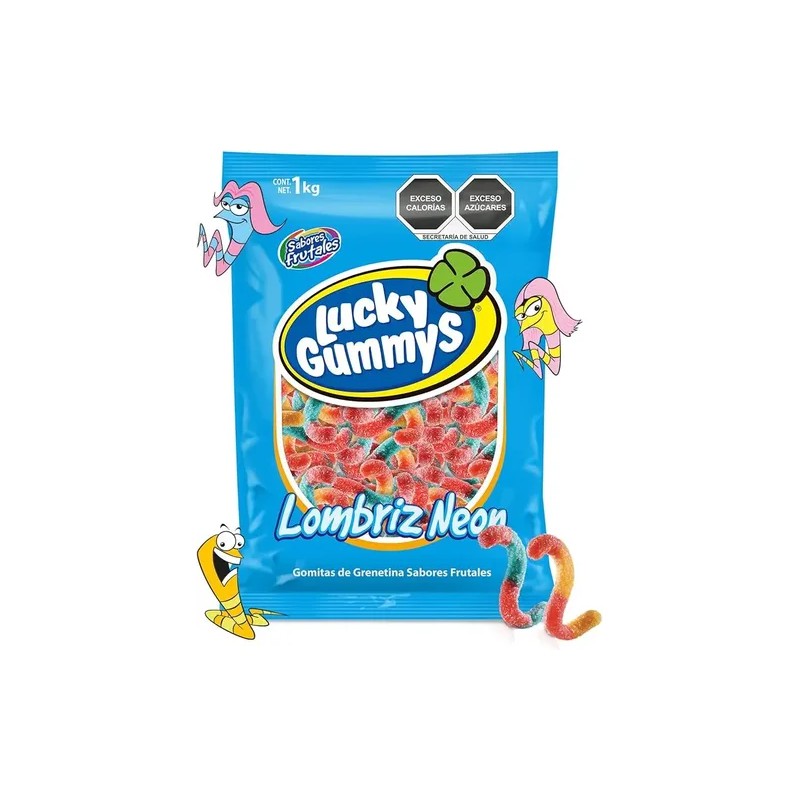 Gomitas Frutales Lucky Gummys Lombriz Neon 1 kg Grenetina