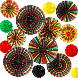 Outus 42 Pcs Juneteenth Decorations Hanging Paper Fans Black History Month Tissue Paper Poms Red Black Green Yellow Classroom Garland Ceiling Decor for Kente African American Party Supplies (Classic)