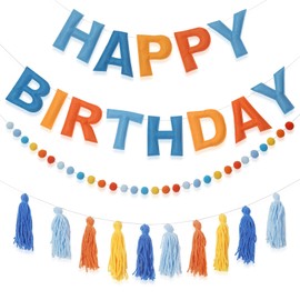 Pre-Strung Happy Birthday Banner Blue and Orange Party Decorations Felt Ball Garland Sign for Blue Dog Birthday Party Décor