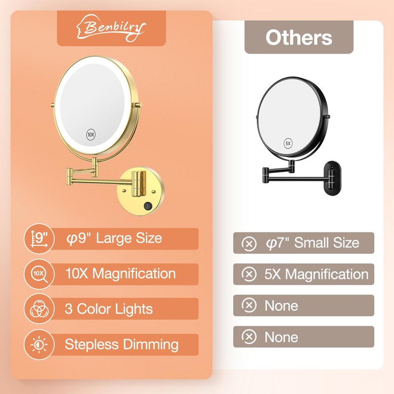Benbilry 9" Large Size Wall Mounted Lighted Makeup Vanity Mirror,