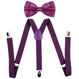 Men's Bow Tie and Y Shape Suspender Set Adjustable Elastic Solid Color (Dark Purple)