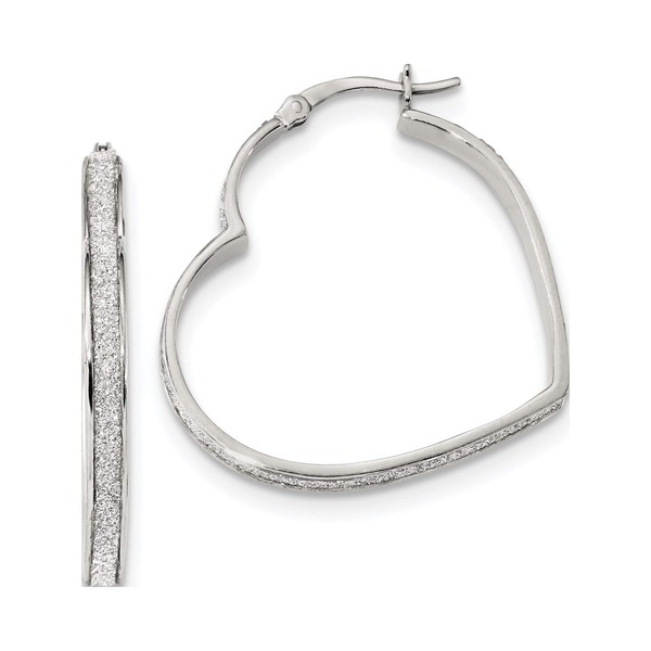 Sterling Silver Rhodium-Plated Enamel Glitter Fabric Heart Shaped Hoop Earr