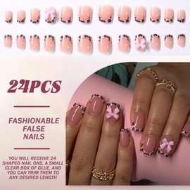 24Pcs Pink Flower French Tip Press On Nails - Floral Design Reusable Acrylic Full Cover Nails - 24 Nail Pieces Eco-Friendly With Jelly Tabs And Nail File For Secure 5-Minute Application