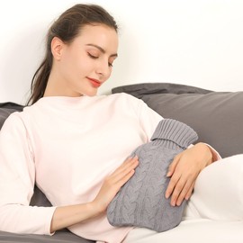 samply Hot Water Bottle with Cover - Soft Premium Knitted Cover - 2L Large Hot Water Bottle, Grey