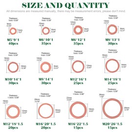 Keadic 320Pcs 12 Sizes Flat Washer Assortment Kit Copper Metric Sealing Washers - M5 M6 M8 M10 M12 M14 M16 M20
