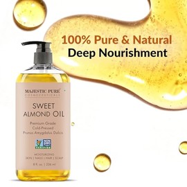 MAJESTIC PURE USDA Organic Sweet Almond Oil | Cold Pressed Oil Sweet Almond Oil for Skin, Face, Nails, Hair, Scalp & Massage | 8fl oz
