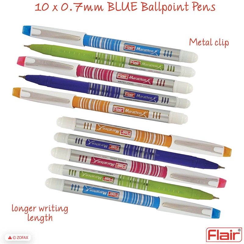FLAIR Marathon 10 x 0.7mm Fine Point BLUE Ink Biros