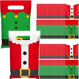 Tiangrid 48 Pieces Christmas Plastic Gift Bags Xmas Red and Green Treat Bags Christmas Santa Candy Bags Christmas Elf Holiday Party Favors Bags with Handle for Party Decor