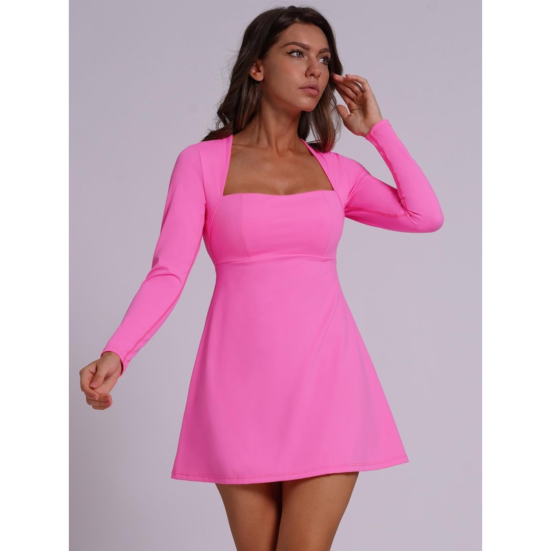 ABOCIW Womens Square Neck Long Sleeve Dress A-Line Flare Mini