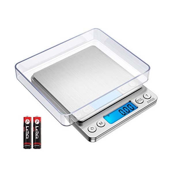 (Upgraded) AMIR Digital Kitchen Scale, 500g Mini Pocket Jewelry Scale, Cooking Food Scale, Back-Lit LCD Display, 2 Trays, 6 Units, Auto Off, Tare, PCS, Stainless Steel (Batteries Included)