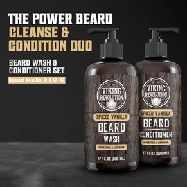 Viking Revolution Beard Wash and Beard Conditioner for Men with Argan Oil and Jojoba Oil - Beard Softener and Strengthener Beard Care Beard Shampoo and Conditioner with Beard Oil (17oz Spiced Vanilla)