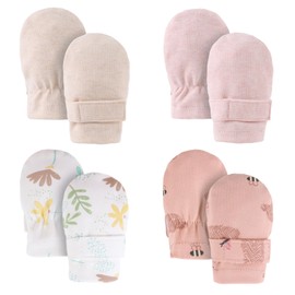 Newborn Baby Mittens Infant No Scratch Gloves Cotton Adjustable Mitts for Baby Girls Boys (0-6M, Apricotpink+Beige+Leaf+Pinkbee)