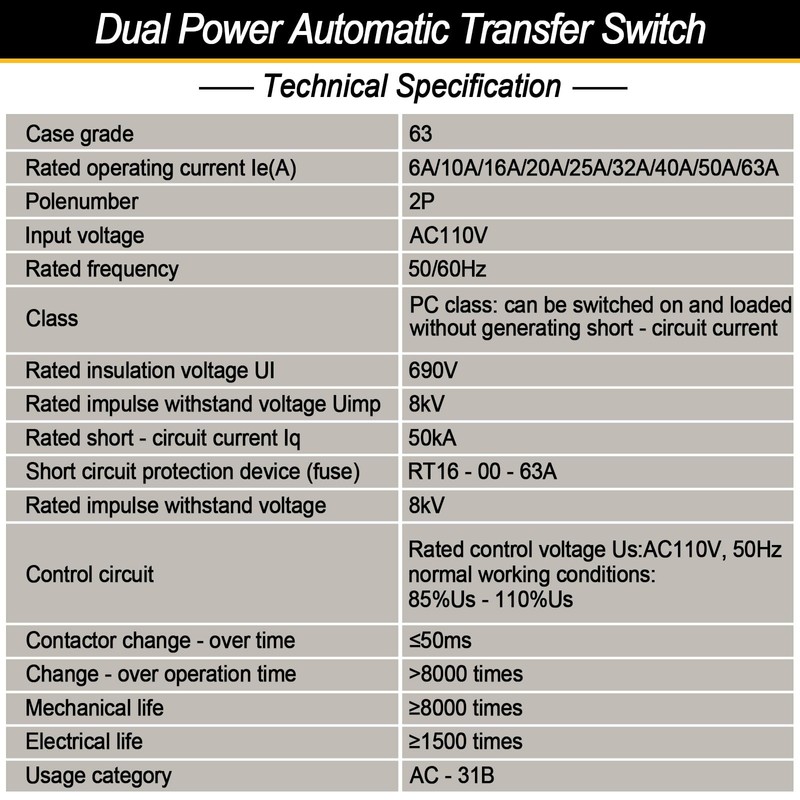 Ketofa 2P 63A 110V Automatic Transfer Switch, Uninterruptible Power, White