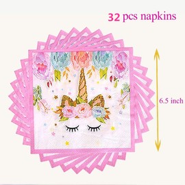 32 PCS Pink Unicorns Napkins for Girls' Birthday Parties, Perfect Party Supplies for Baby Showers, Disposable Unicorn Tableware Paper Napkins