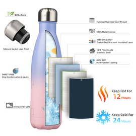 Konokyo Insulated Water Bottles,17 oz Double Wall Stainless Steel Vacumm Metal Flask for Sports Travel,Pastel Sunset
