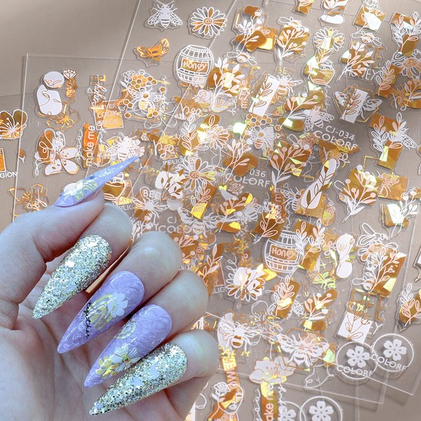 Flowers Nail Art Stickers, Holographic 3D Gold Nail Self-Adhesive Sticker Design, Laser White Floral Leaf Vine Bee Nail Art Decals for Women Girls Manicure Charms Decorations, DIY Resin Nail Art Tips