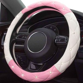 Xizopucy White Pink Steering Wheel Cover, Anti-Slip Steering Wheel Protector with Crystal Rhinestones Microfiber Leather, Steering Wheel Cover for Women and Girl Fit 14.5-15 inch