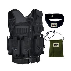 9 pod Paintball / Tactical Vest with Barrel Pouch and Neck protector Unisex Combat vest with Adjustable Sides and Shoulder to Fit all, Black