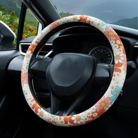 Boho 7 Color Flowers Steering Wheel Cover Auto Steering Wheel Protector, Anti-Slip, Breathable, Absorbing Sweat, Universal Car Accessories 14.5–15 inch,Fit for Most Car, Trucks, SUV