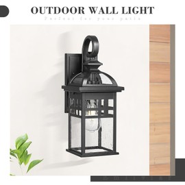 Emliviar 2 Pack Outdoor Light Fixtures Wall Mount, 15" Modern Outdoor Sconce Lights for House, Black Finish with Seeded Glass, DE281-2PK BK