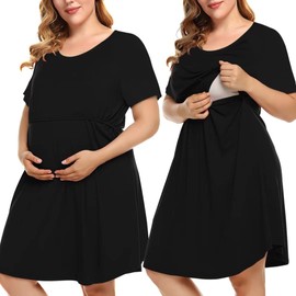 MONNURO Women's Plus Size Nursing Dress Short Sleeve Color Block Labor Delivery Maternity Nightgown Dress for Breastfeeding(Black-Pure,5X)