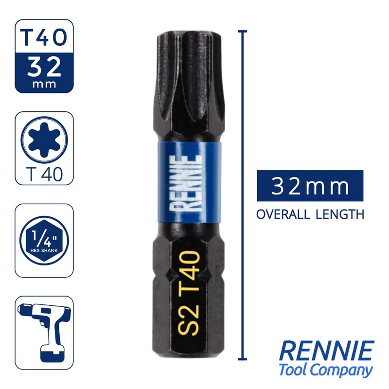 10 x Rennie Tools 32mm Long T40 TX40 Impact Screwdriver