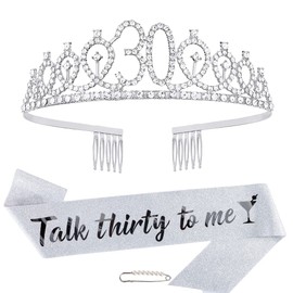 AOPRIE Birthday Crown for 30th - Silver Tiara Sash with Rhinestones - perfect for Girls & Women - Happy Birthday Accessory
