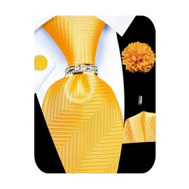 Kerfado 5PCS Yellow Striped Tie and Pocket Square Set for Men, Silk Necktie and Handkerchief Cufflinks with Gold Ring and Lapel Pin Set