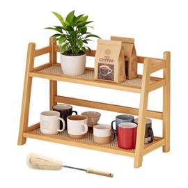 Cup Rack 2-Tier Bamboo with Rattan Look, Space-Saving Cup Holder, Table Shelf for Coffee, Tea, Matcha, Kitchen Shelf, Versatile Organiser for Kitchen and Office, Includes Cup Brush (45 cm)