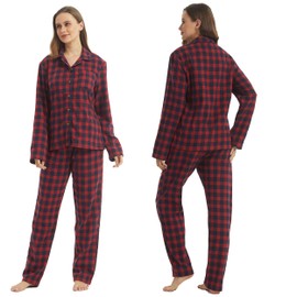Womens Pyjamas Set Checked Flannel Lounge Wear Sets Long Sleeve Tops & PJs Bottoms Pyjamas for Women Ultra Soft Nightwear