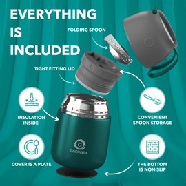 Vacuum Insulated Food Jar Portable 17oz Wide Mouth Thermos incl. Folding Spoon, Cup. Hot & Cold Drinks Soup Thermo Lunch Container for kids & Adults BPA-Free Stainless Steel Leak Proof Brilliant Green