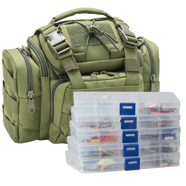 Dr.Fish Fishing Tackle Bag Loaded 5 Boxes 60 Fishing Lures Kit Crankbaits Spinners Roostertail Salmon Spoons Soft Plastic Shad Swimbiats Green
