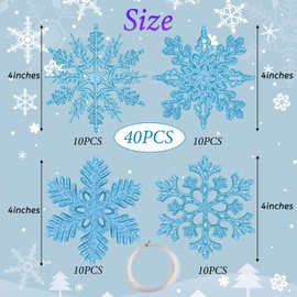 MIAHART 40 Pack Christmas Blue Snowflake Ornaments 4 Inch Blue Plastic Glitter Snowflake Ornaments for Christmas Tree Decorations Winter Wedding Xmas Party Supplies
