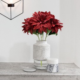 Lacomfy 7 Heads Fake Dahlia Flower Bouquet Red Silk Dahlias Flowers Artificial Flowers Realistic Fake Flowers for Wedding Bride Party Home Hotel Office DIY Desk Decorations, Pack of 1, Burgundy