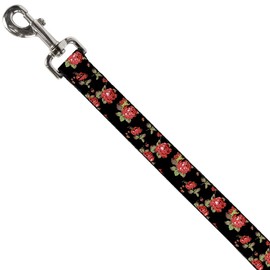 Buckle-Down Dog Leash Red Roses Scattered Black 6 Feet Long 1.0 Inch Wide, Multicolor (DL-6FT-W31852)