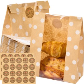 Feifeiya 100 Pcs Paper Bread Bags with Clear Window, Sourdough Bags for Homemade Bread 13.7 x 8.3 x 3.5 Inch Kraft Brown Bakery Packaging with 100 Stickers for Storage Loaves Toast Sandwich Pastry
