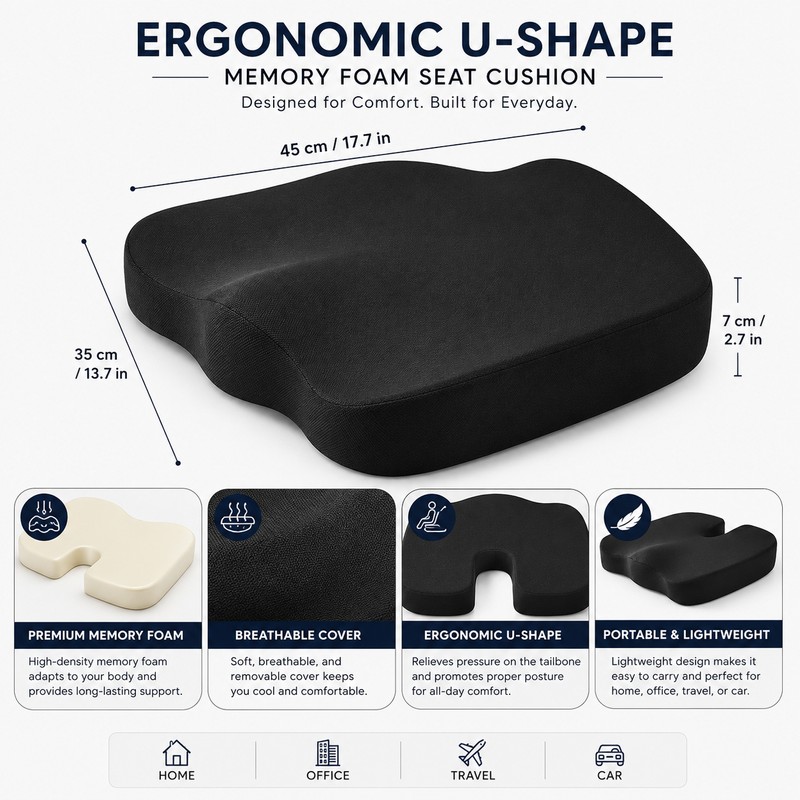 U-Shaped Memory Foam Seat Cushion – Non-Slip Coccyx & Hip