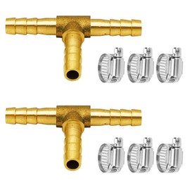 Da by 2 pcs 1/4"(6mm) Brass Tee Barb Fittings for 1/4" ID Hose,6 pcs Stainless Steel Pipe Clamps,3 Way Union Intersection for Water/Fuel/Air(T)