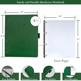 Leather Refillable Work Notebook with 8.5 x 11 Inner Page Size, Hardcover College Ruled Spiral Notebook with 120 Pages, Ideal for Business Notes & Meetings, Gift Packaged for Women & Men, Dark Green