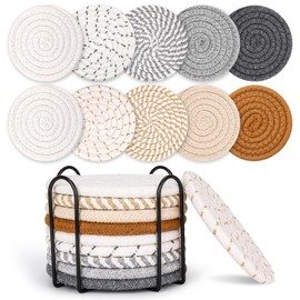 Mckanti 10 Style Drink Coasters with Holder, Absorbent Coasters for Coffee Table, Minimalist Cotton Woven Coaster Set for Home Decor Tabletop Protection Suitable for Kinds of Cups, 4.3 Inches.