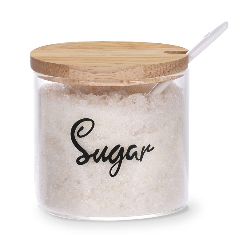 Clear Glass Sugar Bowl with Serving Spoon and Bamboo Lid,